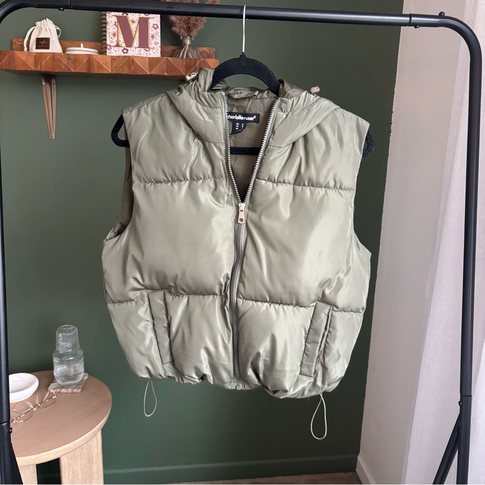 Light Olive Puffer Vest with Hood